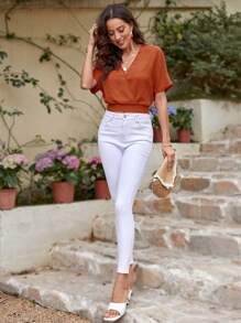 SHEIN Clasi 交疊領蝙蝠袖短款襯衫 - 鏽棕色 - 查看 3