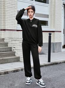 SHEIN Teen Girl Letter Graphic Drop Shoulder Hoodie & Sweatpants - Black - View 4