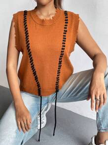 SHEIN Unity Stitch Detail Sweater Vest - Coffee Brown - View 6