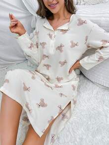 In Gấu Thả vai Viền chia cắt Váy ngủ - Màu be - Xem 6