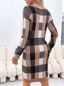 SHEIN Maternity Plaid Pattern Drop Shoulder Sweater Dress, For Winter - Multicolor - View 2