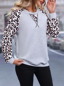 SHEIN LUNE Leopard Print Raglan Sleeve Sweatshirt - Grey - View 6