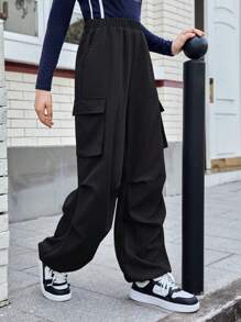 SHEIN Leap Crew Teen Girl Flap Pocket Side Cargo Pants - Black - View 3