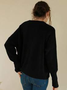 Knit Mix Élégant pull français en tricot pour femme, pull ample à manches longues et col rond, convient pour l'automne/l'hiver, Noël, Thanksgiving, Nouvel An, la Saint-Valentin et autres fêtes, idéal pour la rentrée scolaire et les tenues féminines d'automne - Noir - Voir 2