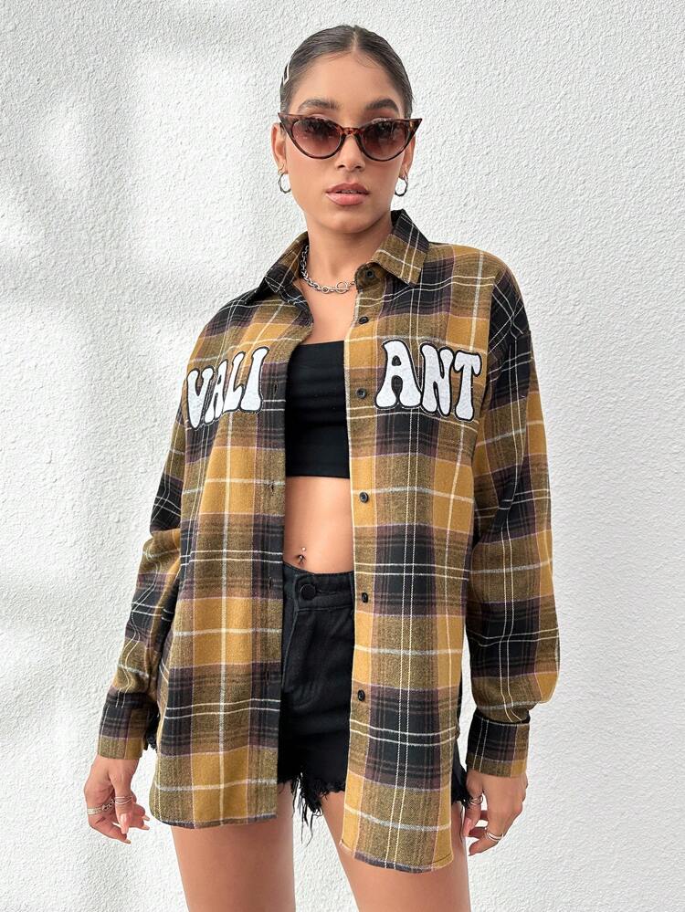 Plaid & Letter Graphic Drop Shoulder Coat Fall Cloth For Women