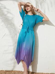 Anewsta Ombre Pleated Hem Belted Dress