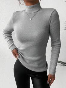 EURMUSE Solid Mock Neck Ribbed Knit Sweater - Light Grey - View 4