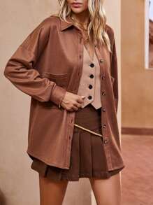 SHEIN LUNE Drop Shoulder Pocket Patched Suedette Coat