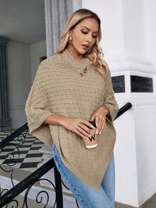 SHEIN Essnce Solid Asymmetrical Hem Poncho Sweater - Khaki - View 4