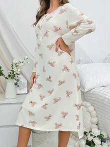 In Gấu Thả vai Viền chia cắt Váy ngủ - Màu be - Xem 4