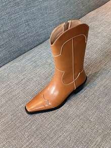 女士馬術靴，時尚棕色西部風格過膝和中筒靴，尖頭全搭配時尚靴款，女性牛仔靴