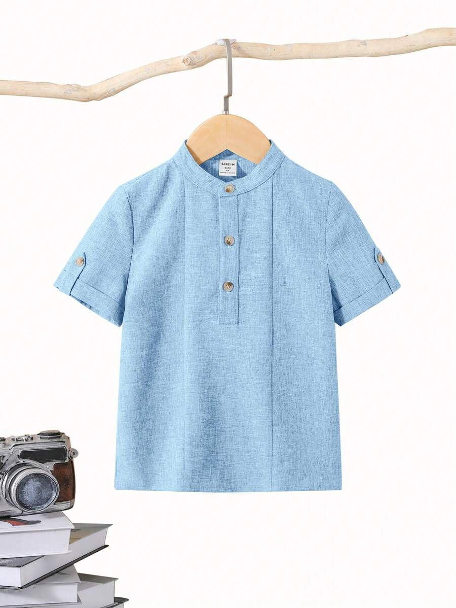 SHEIN Chico joven Camisa con botón de manga enrollada - Azul - Ver 1