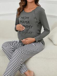Moonlight&Mama Maternity Striped & Slogan Graphic Nursing Tee & Adjustable Waist Pants Pajama Set For Mother, Fall Winter Clothes