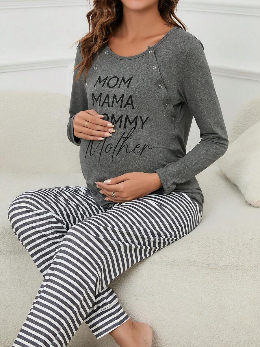 Moonlight&Mama Maternity Striped & Slogan Graphic Nursing Tee & Adjustable Waist Pants Pajama Set For Mother, Fall Winter Clothes