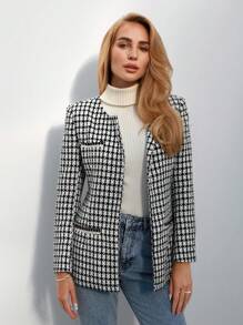 BizChic Plaid Pattern Open Front Tweed Overcoat