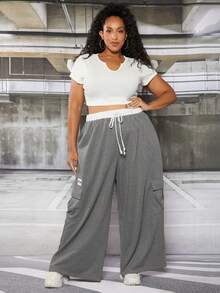 SHEIN CURVE+ Hơn Eo dây rút Túi nắp bên cạnh Quần thể thao - Nhiều màu - Xem 3