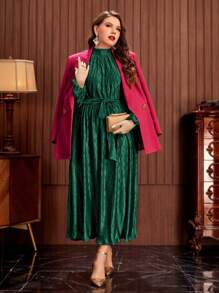 Modelyn Plus Mock Neck Lantern Sleeve Belted Dress - Dark Green - View 5