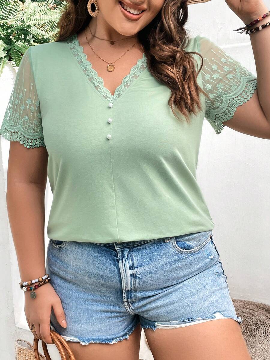 SHEIN Frenchy Plus Contrast Lace Button Front Tee