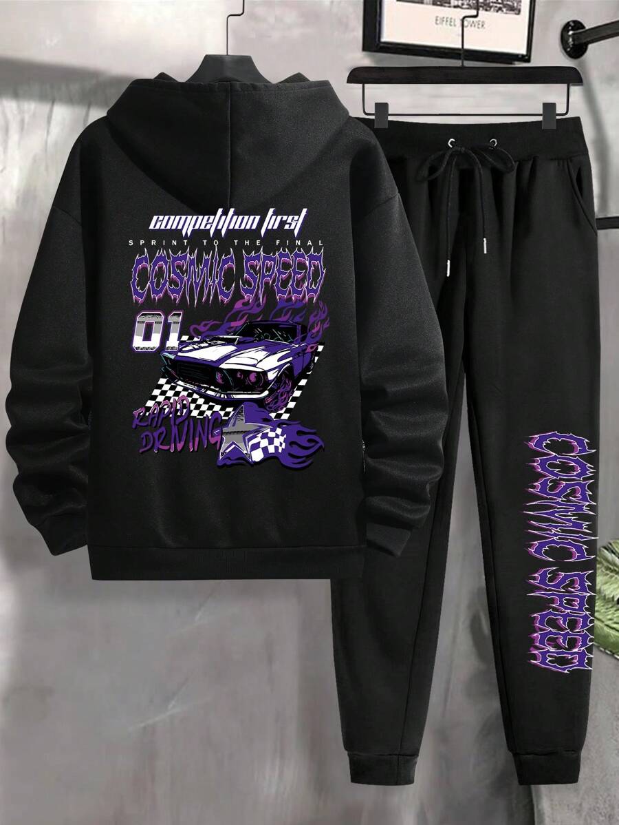 男士汽車和字母圖案抽繩連帽衫和運動褲 - 黑色 - 查看 1
