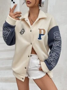 Flirla Letter Embroidery Colorblock Drop Shoulder Jacket Fall Winter Cloth For Women - Apricot - View 3