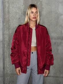 SHEIN EZwear 拉链褶皱袖棒球领夹垫大衣 - 酒紅色 - 查看 1