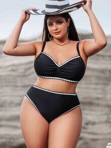 SHEIN Swim Curve Plus款車縫褶皺比基尼套裝 - 黑色 - 查看 1