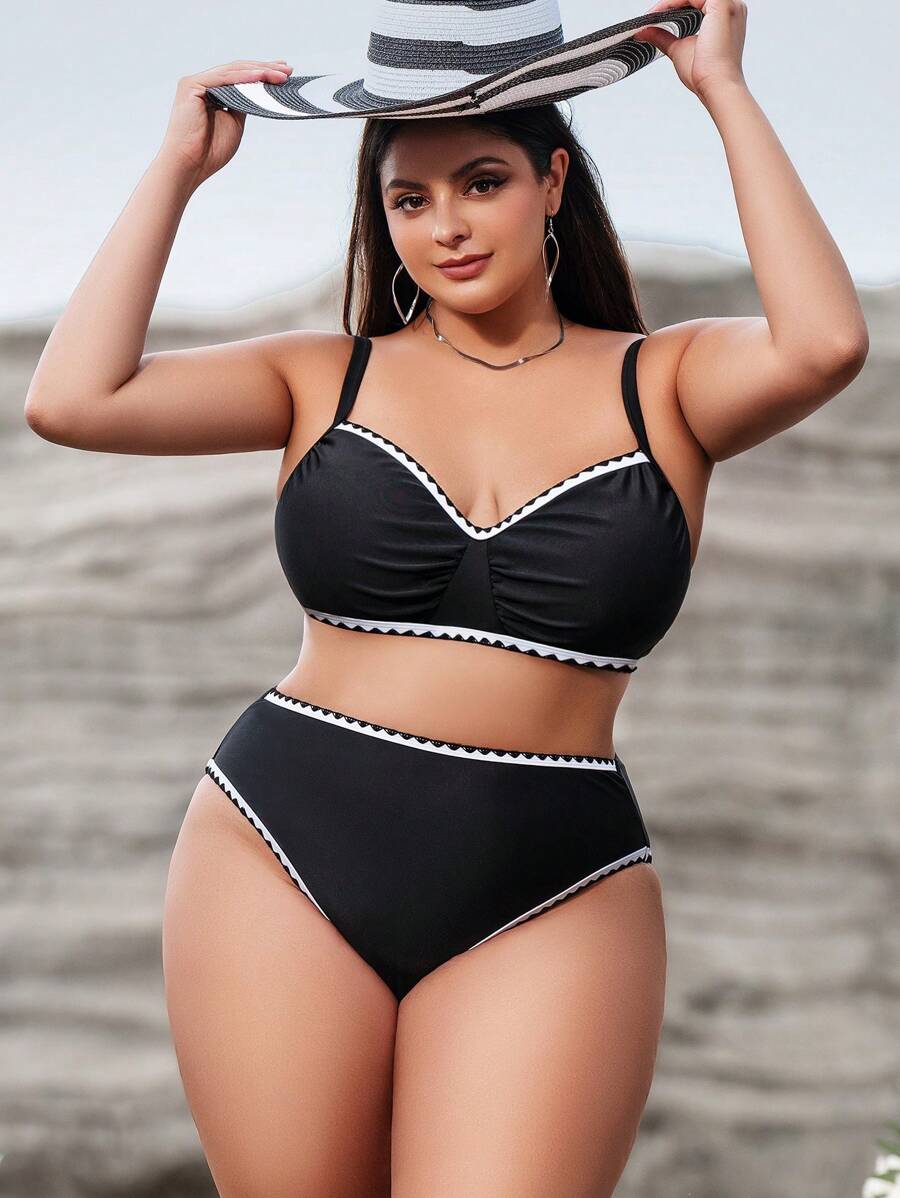 SHEIN Swim Curve Plus款車縫褶皺比基尼套裝 - 黑色 - 查看 1