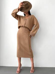 Drop Shoulder Cardigan & Knit Skirt Without Belt - Khaki - View 7