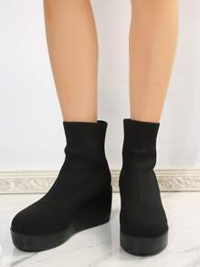 Women's Knit Platform Wedge Heel Boots For Fashionable Casual Autumn And Winter Wear - Black - View 2