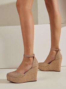 玫瑰金面鏤空時尚女式坡跟鞋和厚底鞋