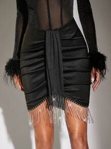 SHEIN BAE Ruched Rhinestone Detail Bodycon Skirt - Black - View 6