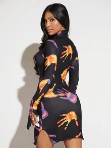 SHEIN SXY Hand Print Split Sleeve Bodycon Dress - Multicolor - View 2