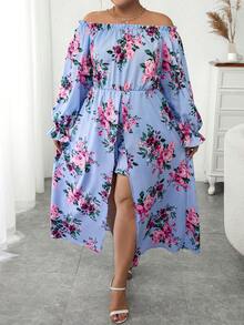 Celure Plus Floral Print Off Shoulder Flounce Sleeve Romper - Blue - View 3