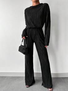 RueChic Solid Drop Shoulder Plisse Top & Flare Leg Pants - Black - View 1