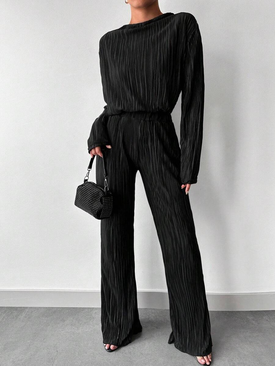 RueChic Solid Drop Shoulder Plisse Top & Flare Leg Pants - Black - View 1