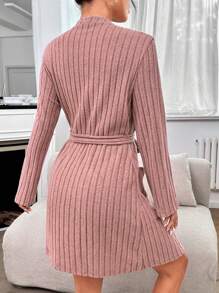 Solid Belted Ribbed Knit Belted Robe Cozy And Elegant, For Fall & Winter Outfit - Dusty Pink - View 2