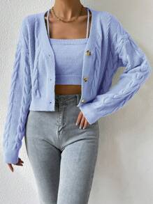 SHEIN Unity 2件套纯色吊带背心和纽扣前开襟长袖开衫 - 淺藍色 - 查看 6