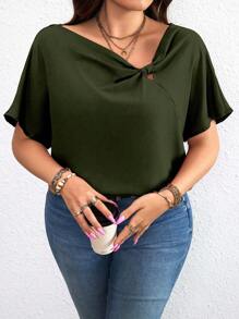 Celure Blusa holgada con cuello asimétrico y mangas de murciélago en color único talla grande
