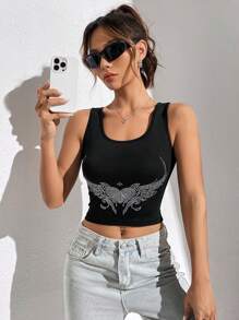 SHEIN EZwear Pha lê Tim & Mô hình cánh Crop Tank Top - màu đen - Xem 4
