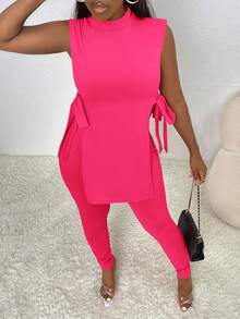 Slaydiva Mock Neck Knot Side Asymmetrical Hem Top & Leggings - Hot Pink - View 4