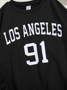 SHEIN Tween女孩純色字母印花長袖運動衫和短褲套裝 - 黑色 - 查看 3