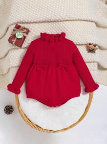 SHEIN Body con volantes en el cuello, lazo al frente y mangas de volantes de punto para bebé niña, para Navidad