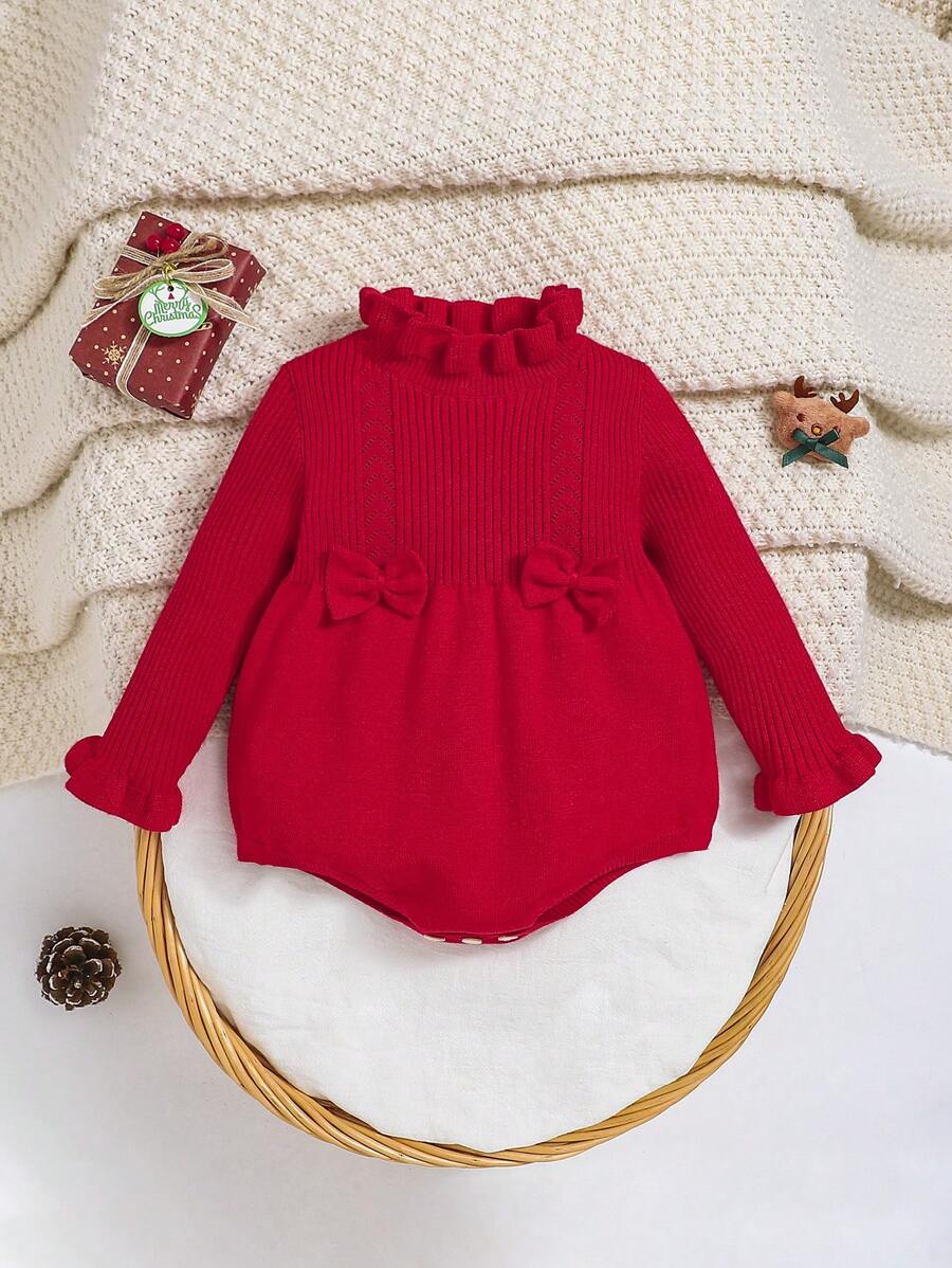 SHEIN Body con volantes en el cuello, lazo al frente y mangas de volantes de punto para bebé niña, para Navidad