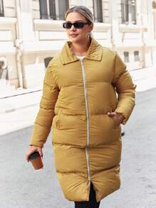 RueChic Plus Zip Up Puffer Coat - Camel - View 3