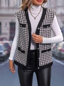 SHEIN LUNE Chaqueta tipo chaleco con botones delanteros y estampado de pata de gallo - Multicolor - Ver 1