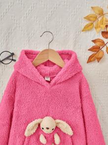 SHEIN Young Girl 3D Rabbit Decor Kangaroo Pocket Fluffy Sweatshirt - Hot Pink - View 3