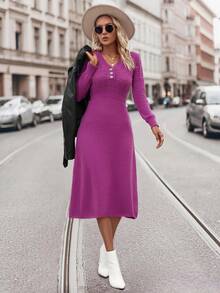 SHEIN Frenchy Solid Button Detail A-line Sweater Dress - Purple - View 4