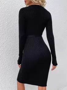SHEIN Unity 前排扣腰帶緊身毛衣洋裝 - 黑色 - 查看 2