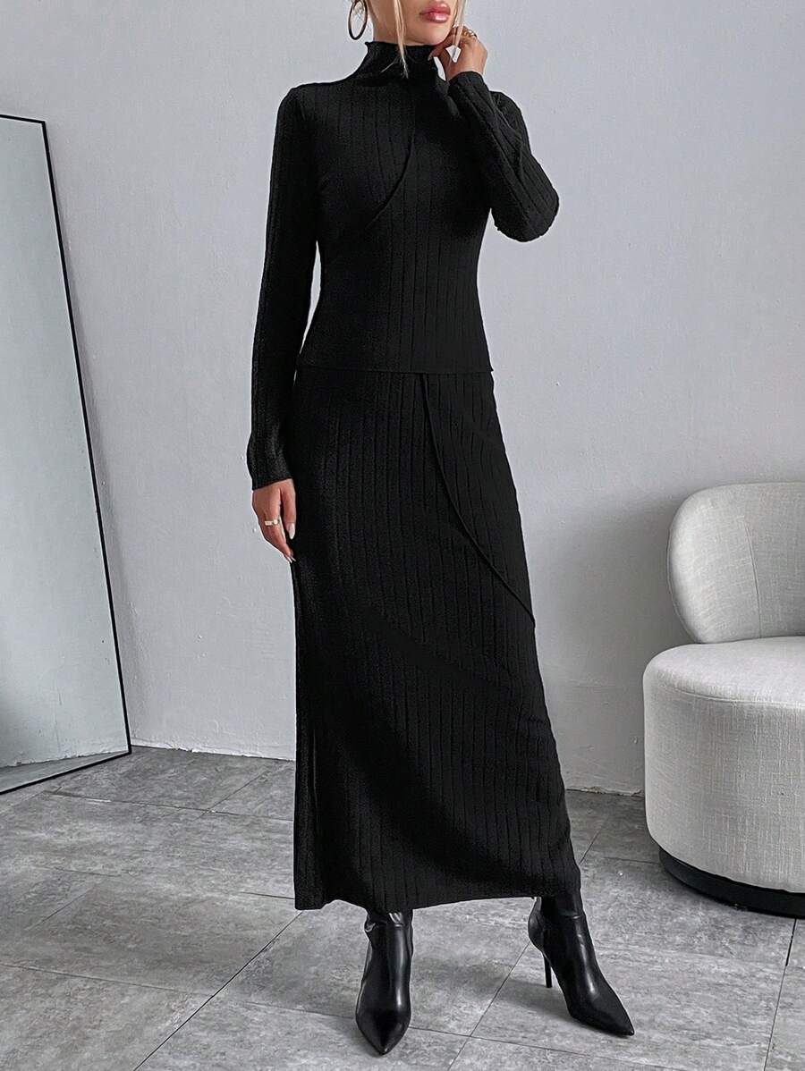 SHEIN Essnce Solid High Neck Tee & Ribbed Skirt - Black - View 1
