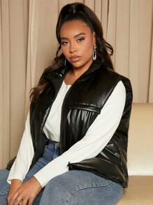 SHEIN SXY 加大拉链 PU 皮革背心夹棉外套 - 黑色 - 查看 4